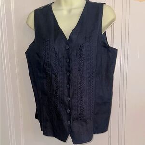 Vintage Bridgewater Classics Dark Navy Blue Embroidered‎ Linen Vest
